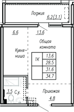 Планировка — Дом культуры. Барнаул, Студия, 29 м²