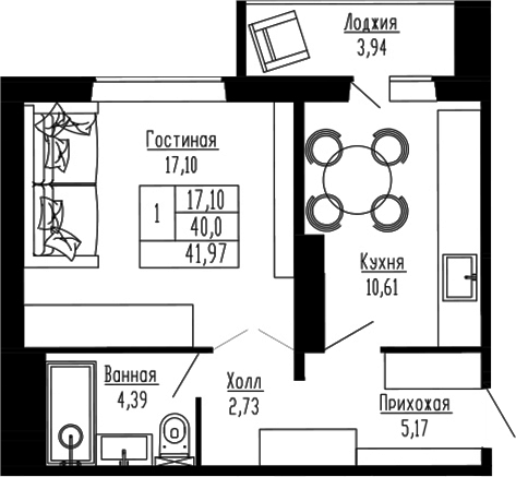 Планировка — Два поэта, 1-комн., 40 м²