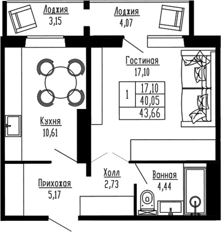Планировка — Два поэта, 1-комн., 40 м²