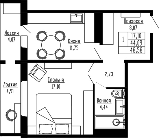 Планировка — Два поэта, 1-комн., 44 м²