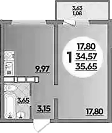 Планировка — Платовский, 1-комн., 35 м²