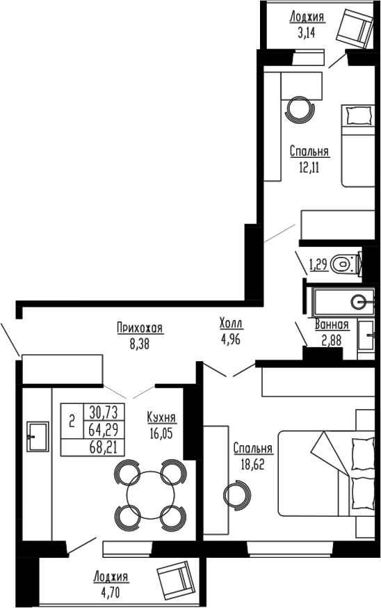 Планировка — Два поэта, 2-комн., 64 м²