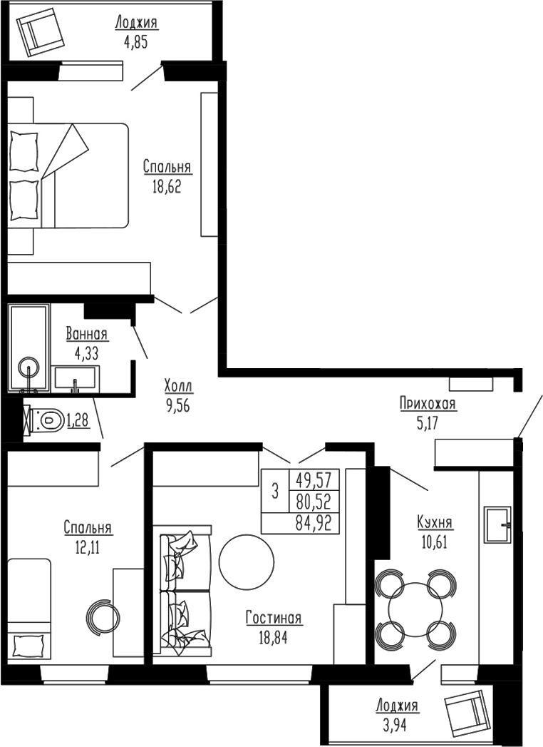 Планировка — Два поэта, 3-комн., 81 м²