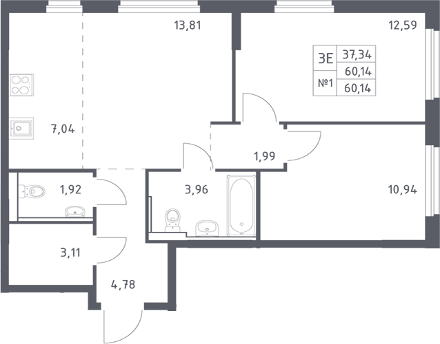 Планировка — Донские Легенды, 3-комн., 60 м²