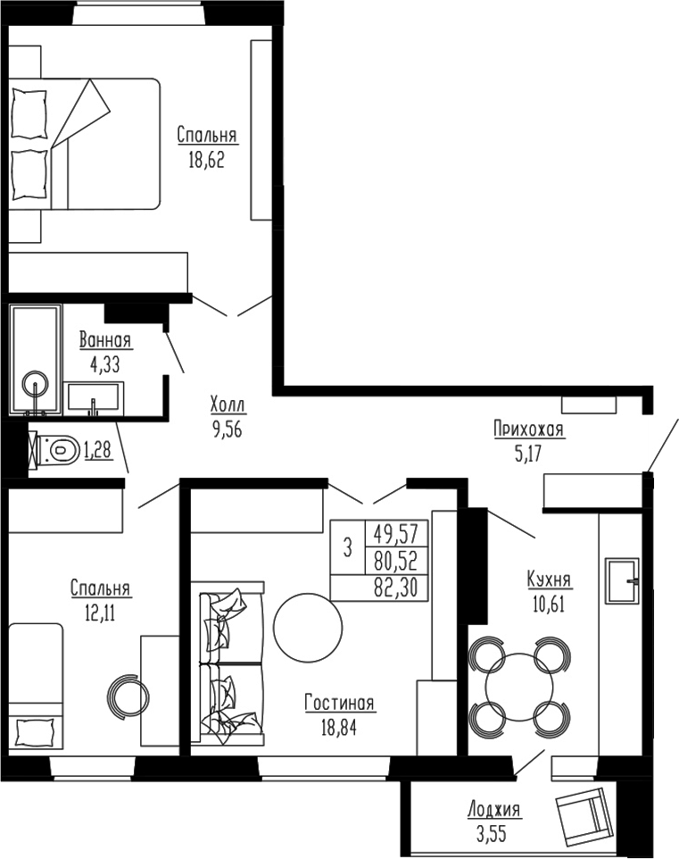 Планировка — Два поэта, 3-комн., 81 м²