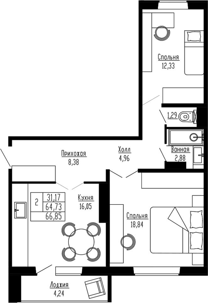 Планировка — Два поэта, 2-комн., 65 м²