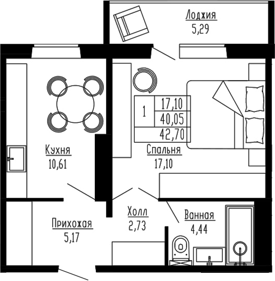 Планировка — Два поэта, 1-комн., 40 м²