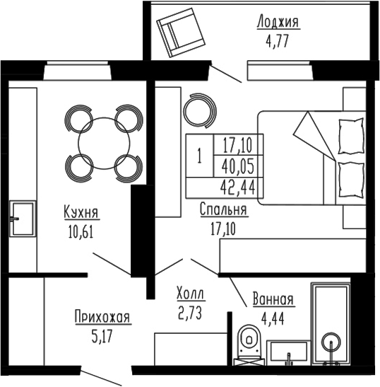 Планировка — Два поэта, 1-комн., 40 м²