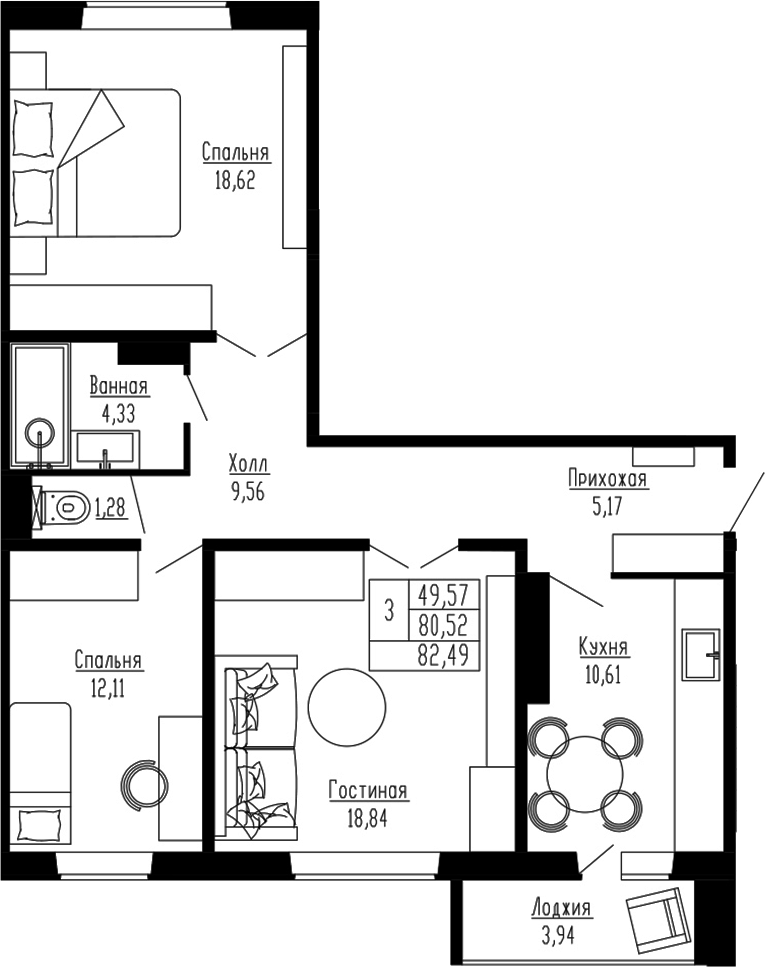 Планировка — Два поэта, 3-комн., 81 м²