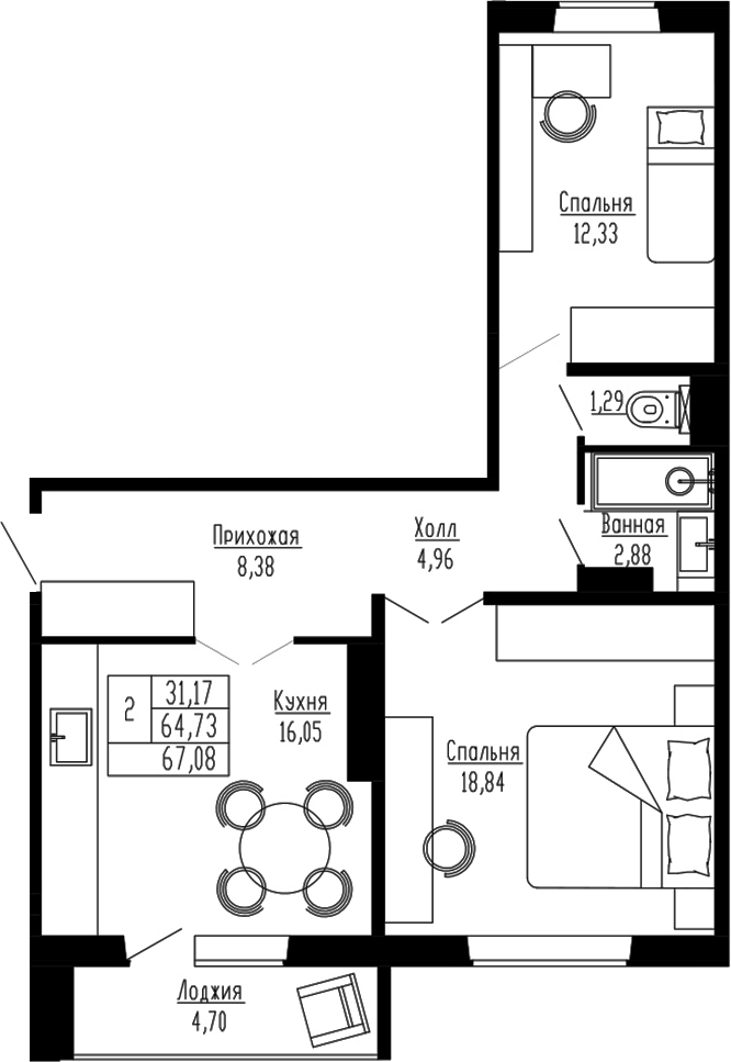 Планировка — Два поэта, 2-комн., 65 м²