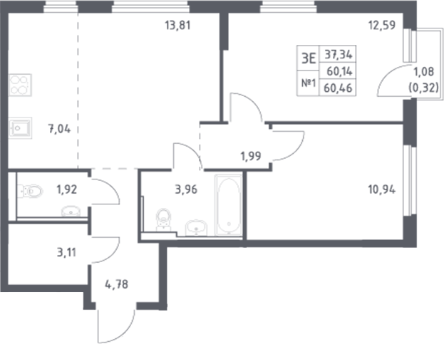 Планировка — Донские Легенды, 3-комн., 60 м²