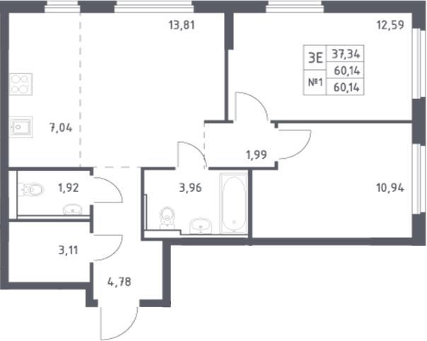 Планировка — Донские Легенды, 3-комн., 60 м²