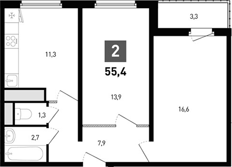 Планировка — Левенцовка парк, 2-комн., 54 м²