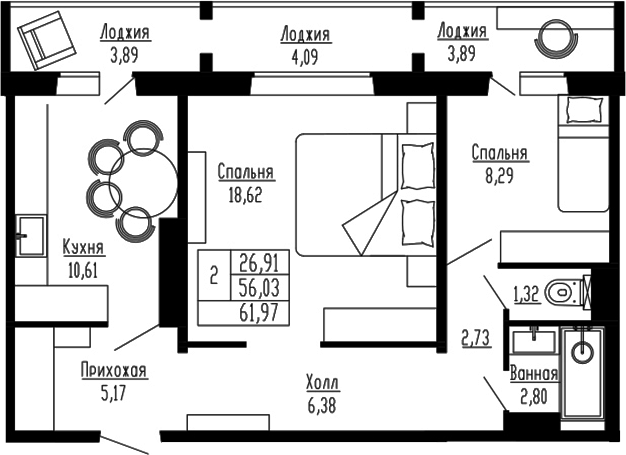 Планировка — Два поэта, 2-комн., 56 м²