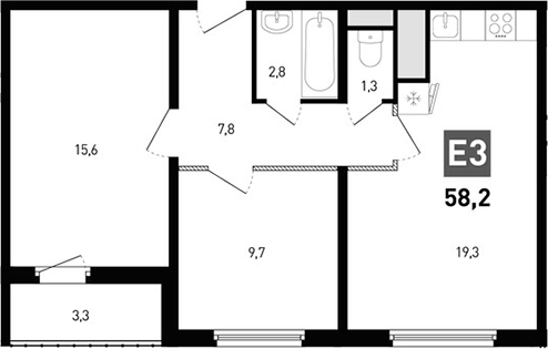 Планировка — Левенцовка парк, 3-комн., 57 м²