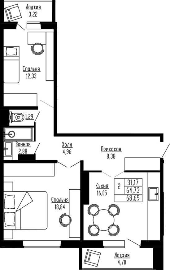 Планировка — Два поэта, 2-комн., 65 м²