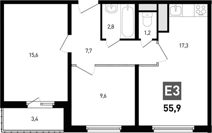 Планировка — Левенцовка парк, 3-комн., 54 м²