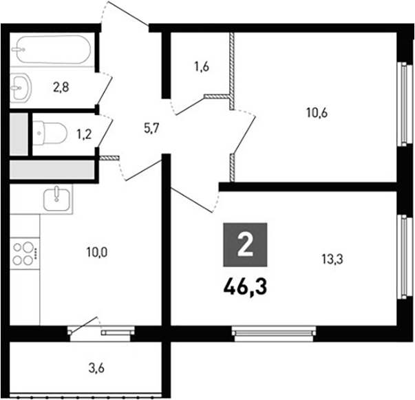 Планировка — Левенцовка парк, 2-комн., 45 м²