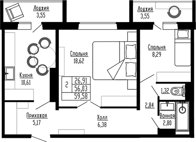 Планировка — Два поэта, 2-комн., 56 м²