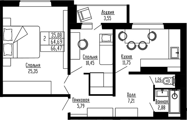 Планировка — Два поэта, 2-комн., 65 м²