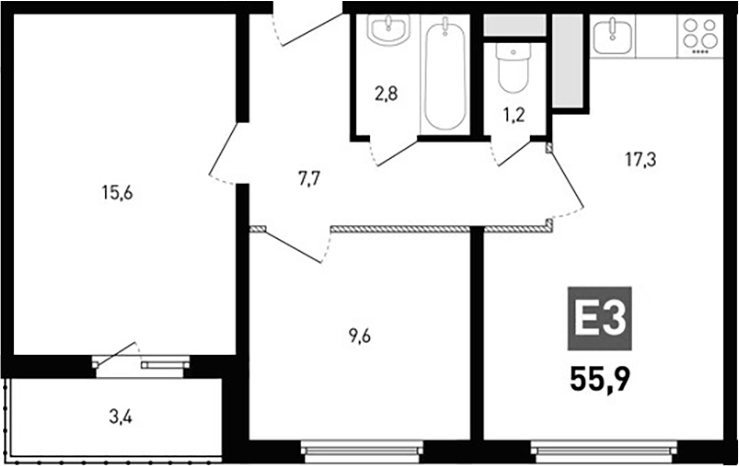 Планировка — Левенцовка парк, 3-комн., 54 м²