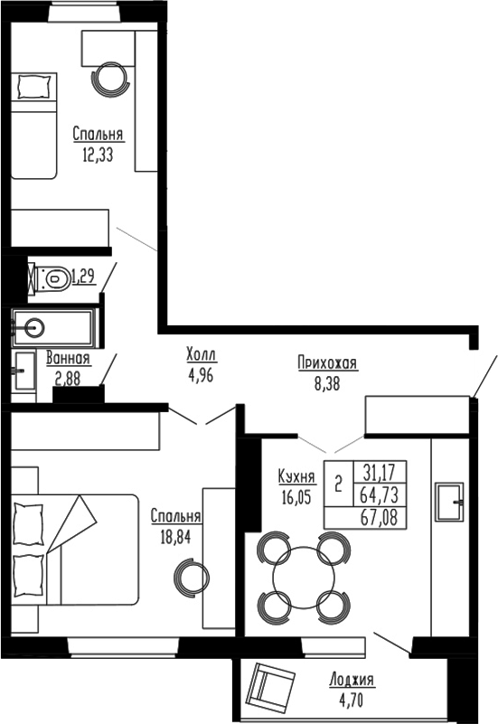 Планировка — Два поэта, 2-комн., 65 м²