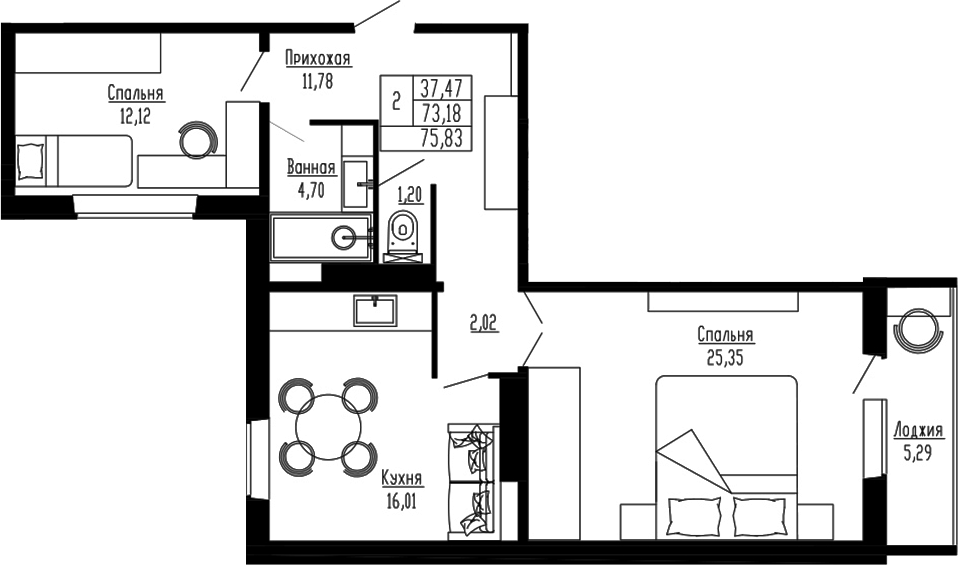 Планировка — Два поэта, 2-комн., 73 м²
