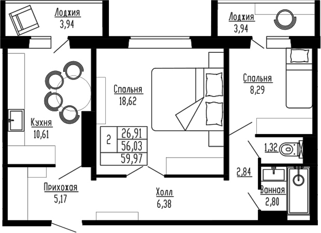 Планировка — Два поэта, 2-комн., 56 м²