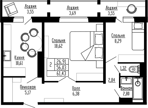 Планировка — Два поэта, 2-комн., 56 м²