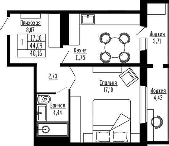 Планировка — Два поэта, 1-комн., 44 м²