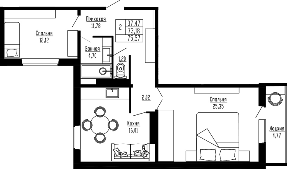 Планировка — Два поэта, 2-комн., 73 м²