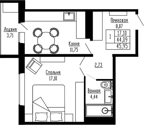 Планировка — Два поэта, 1-комн., 44 м²