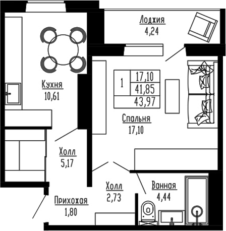Планировка — Два поэта, 1-комн., 42 м²