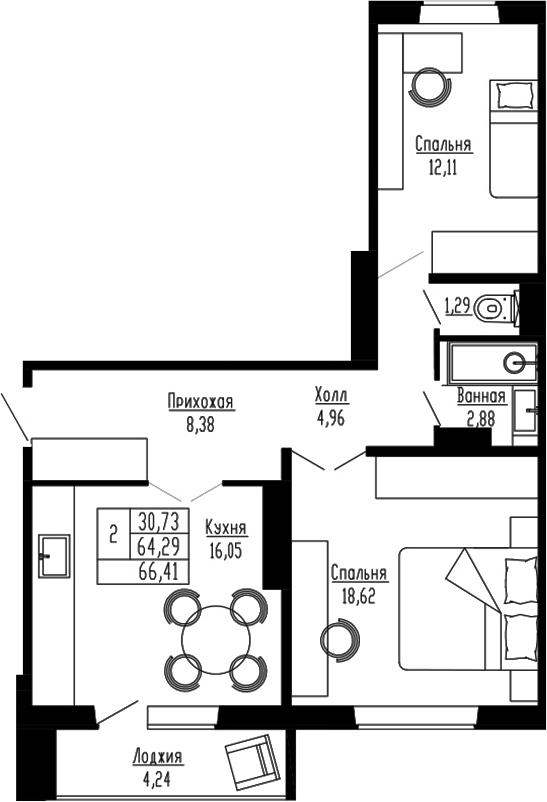 Планировка — Два поэта, 2-комн., 64 м²