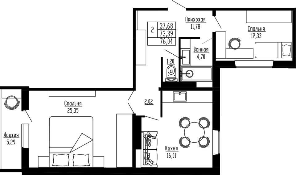 Планировка — Два поэта, 2-комн., 73 м²