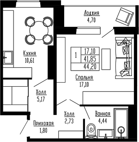 Планировка — Два поэта, 1-комн., 42 м²