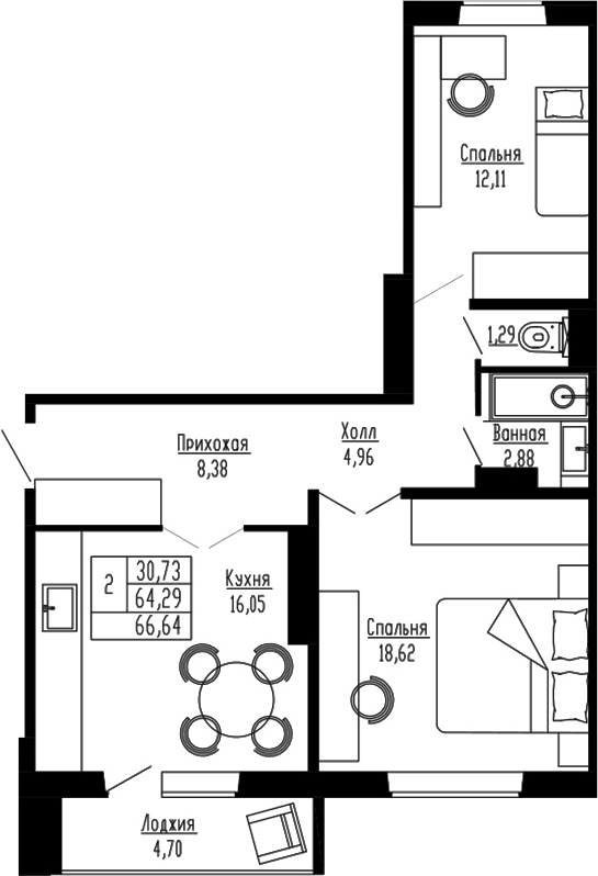 Планировка — Два поэта, 2-комн., 64 м²