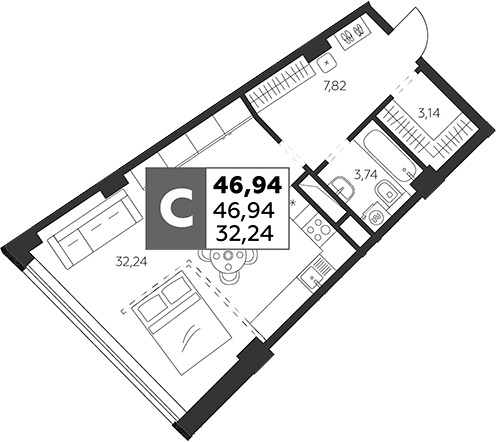 Планировка — Высотка, Студия, 47 м²
