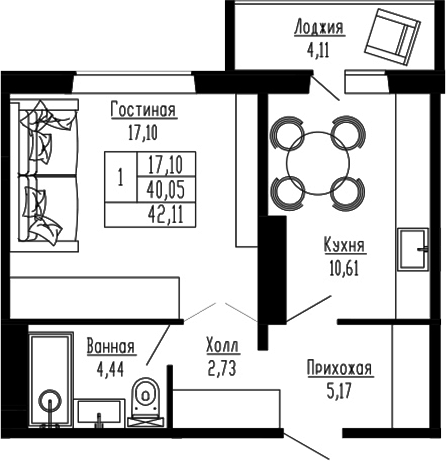 Планировка — Два поэта, 1-комн., 40 м²