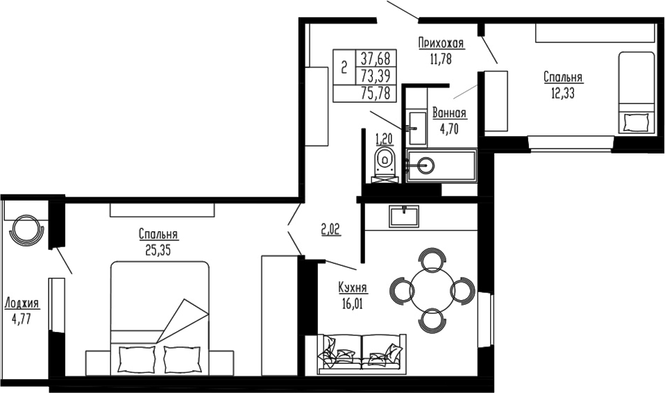 Планировка — Два поэта, 2-комн., 73 м²