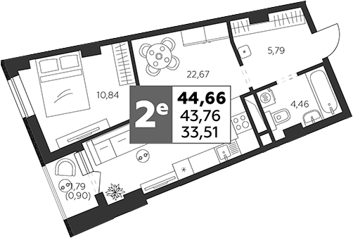 Планировка — Высотка, 2-комн., 44 м²