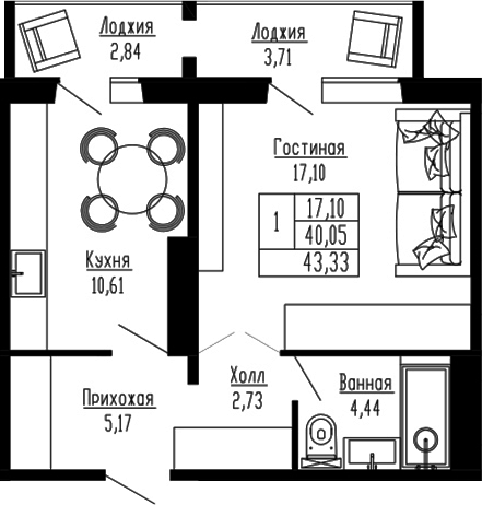 Планировка — Два поэта, 1-комн., 40 м²