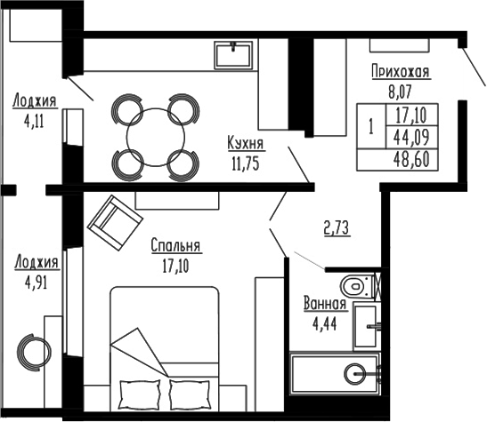 Планировка — Два поэта, 1-комн., 44 м²