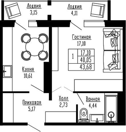 Планировка — Два поэта, 1-комн., 40 м²