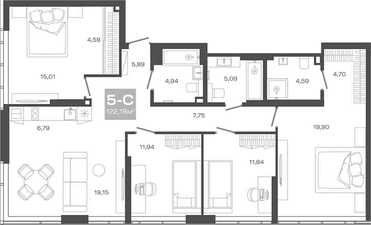 Планировка — Пульсар, 5-комн., 122 м²