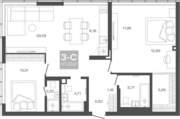 Планировка — Пульсар, 3-комн., 97 м²