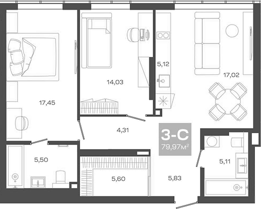Планировка — Пульсар, 3-комн., 80 м²