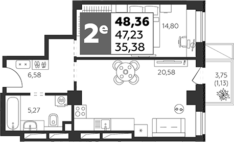 Планировка — Высотка, 2-комн., 47 м²