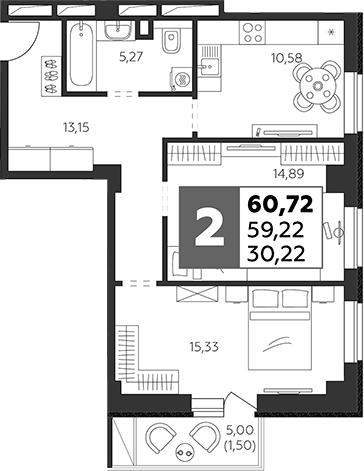 Планировка — Высотка, 2-комн., 59 м²