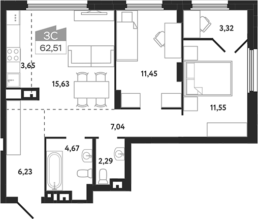 Планировка — Квартал 1604. Томск, 3-комн., 63 м²